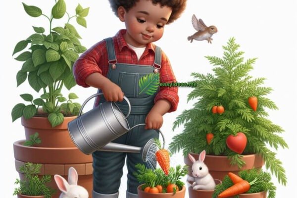 The boy is watering his carrot pot