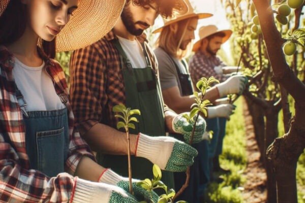 farmers pruning fruit trees