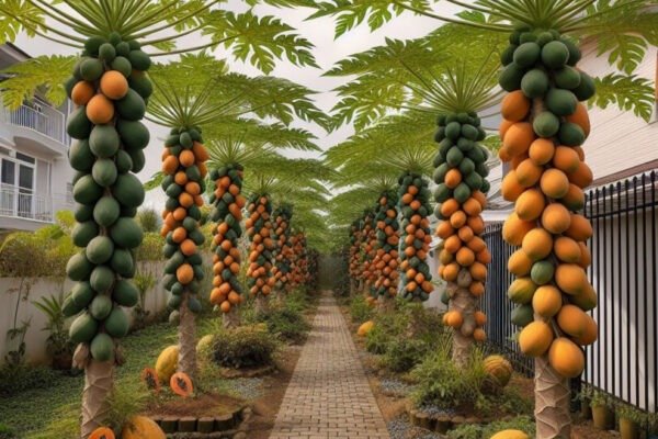 Garden with 2 rows of papaya trees