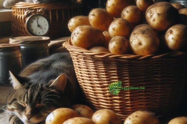 A basket of potatoes and a cat