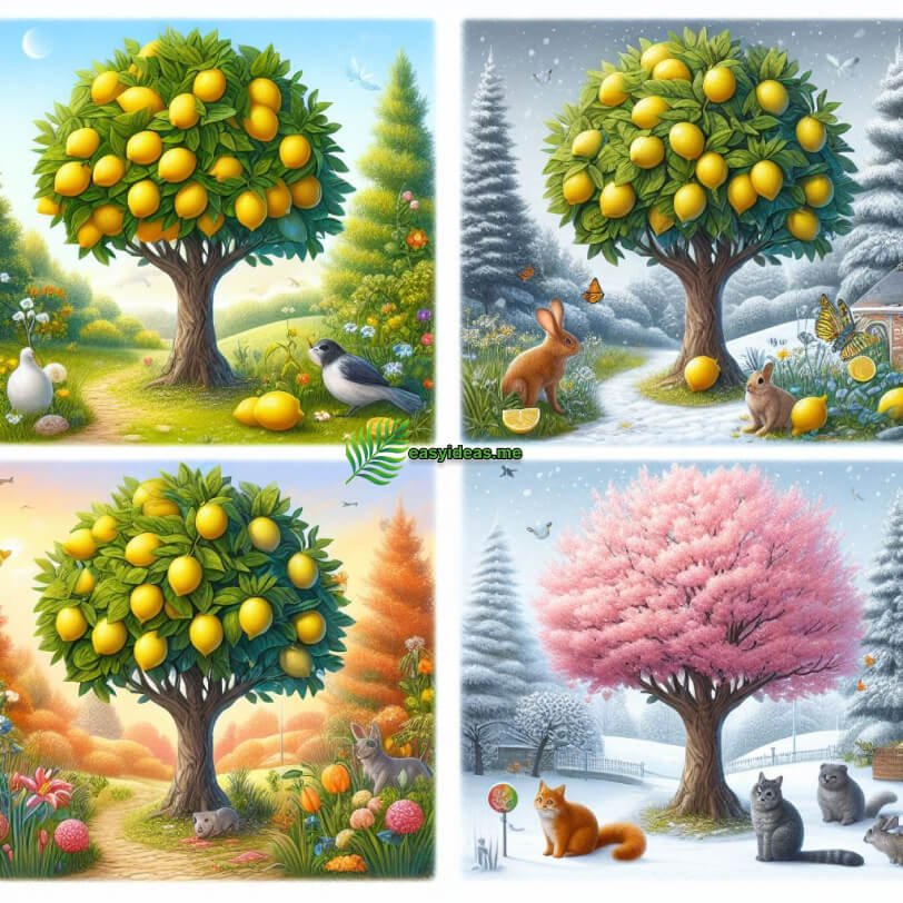 The animals are playing near the yellow lemon trees.