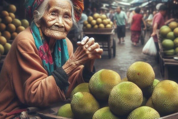 An elderly woman is selling jackfruit at the market.