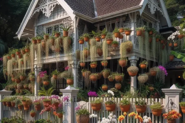 A house with many orchid pots hanging on the fence