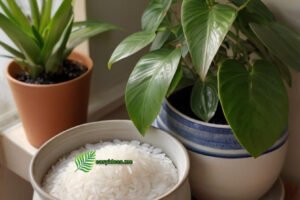 A pot of rice water placed next to a potted plant.